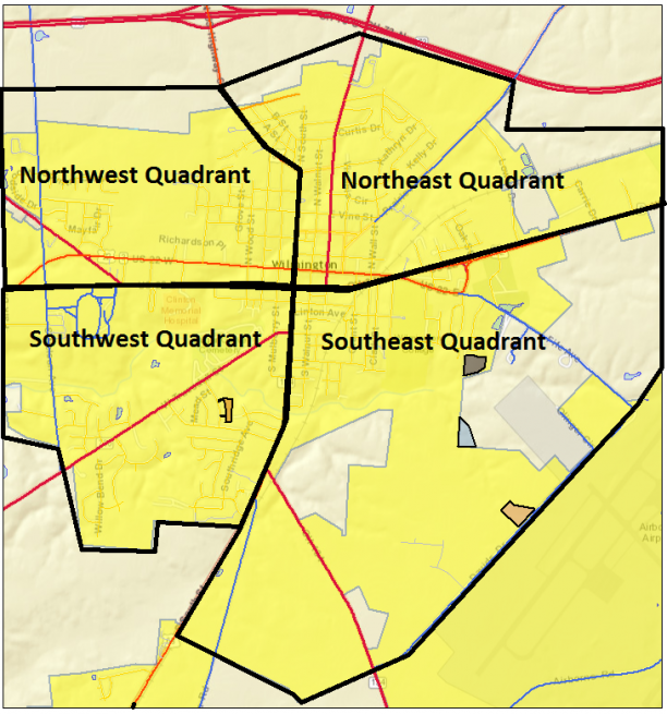 Four quadrant city map for leaf pick up