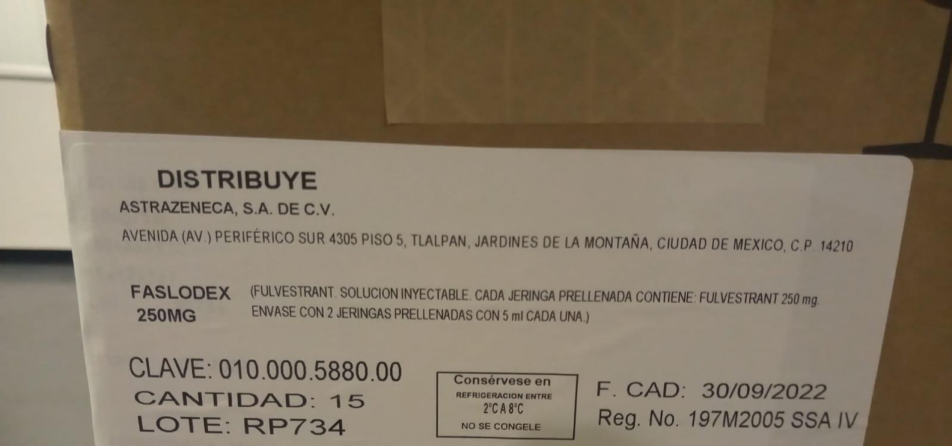 Lugar de entrega: operador logístico ISSSTE. Medicamento: Replagal, Keytruda, Faslodex. Fecha: 7 de octubre 2021