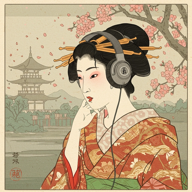 An old Japanese traditional style ukiyo-e block-print illustration of a young woman with big headphones