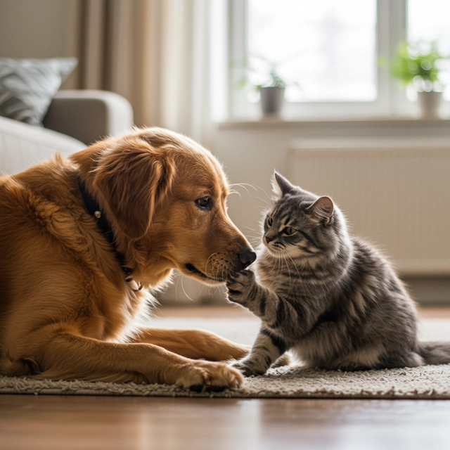 Dog playing with cat in a friendly way