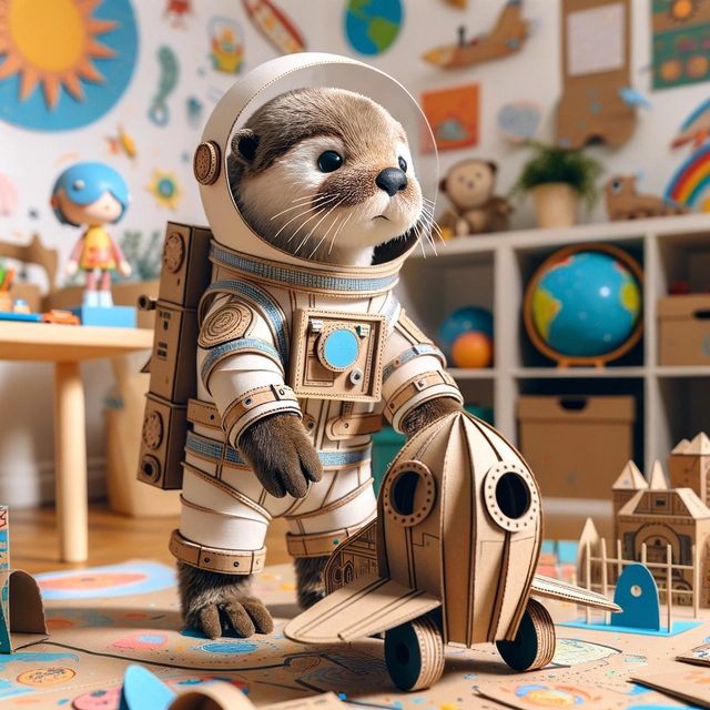 A otter wearing a space suit in a cardboard land taking a spaceship made out of cardboard in a toddlers room