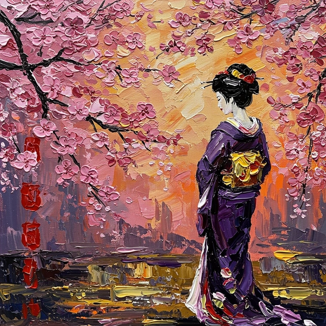 An acrylic painting with thick brush strokes of Japanese tradition 
