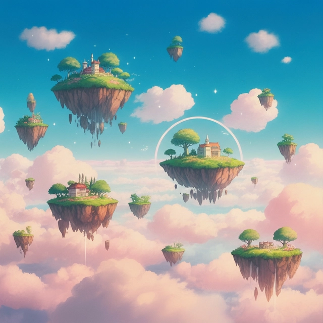 A surreal, dreamlike landscape with floating islands and pastel clouds, inspired by Hayao Miyazaki's Studio Ghibli films, capturing the magic and wonder of love.