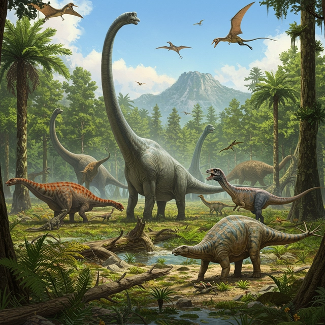 Many different species of Dinosaurs in a historic earth landscape during the juraasic era among other eras which had dinosaurs