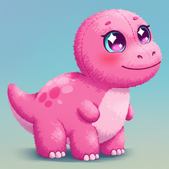 cartoon dinosaur, pink cuddly, and bright eyes