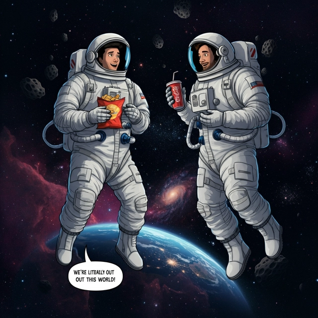Two friends in oversized astronaut suits floating in space, casually leaning back with their helmets slightly tilted open, holding space snacks like chips or a soda. They’re looking down at Earth below, which is small and glowing in the distance. A quirky speech bubble from one friend says, 'We’re literally out of this world!' while the other friend adds, 'And so are our jokes!' The background is a starry galaxy with colorful nebulae and scattered asteroids for a fun, humorous vibe.