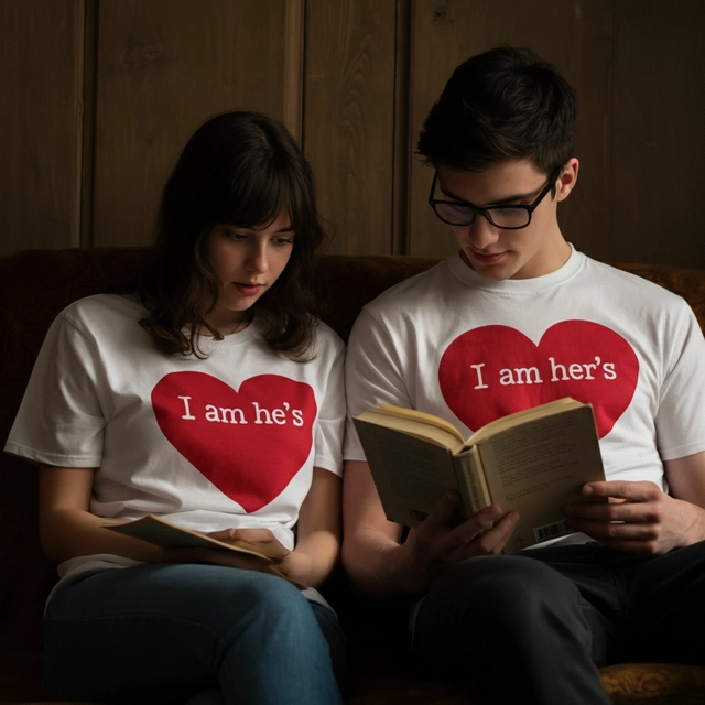 A photograph of two young adult lovers wearing a t-shirt and the print in medium size with a heart that says - the female 
