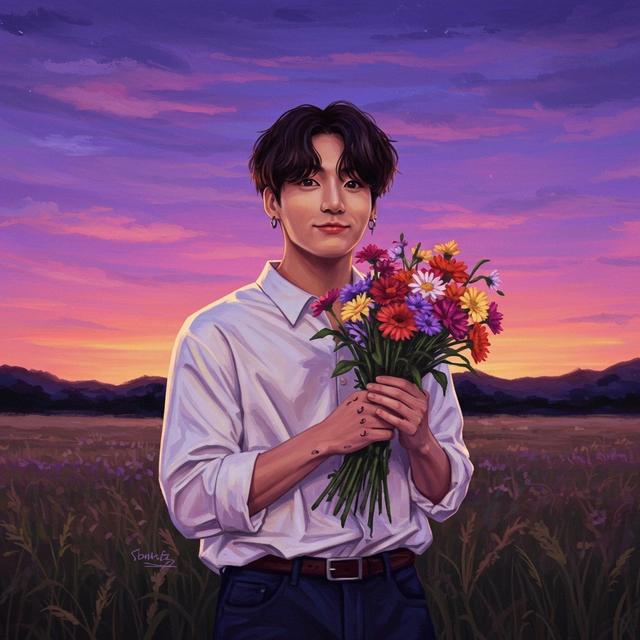 Jeon jungkook holding bouquetpainting having purple sky with sunset