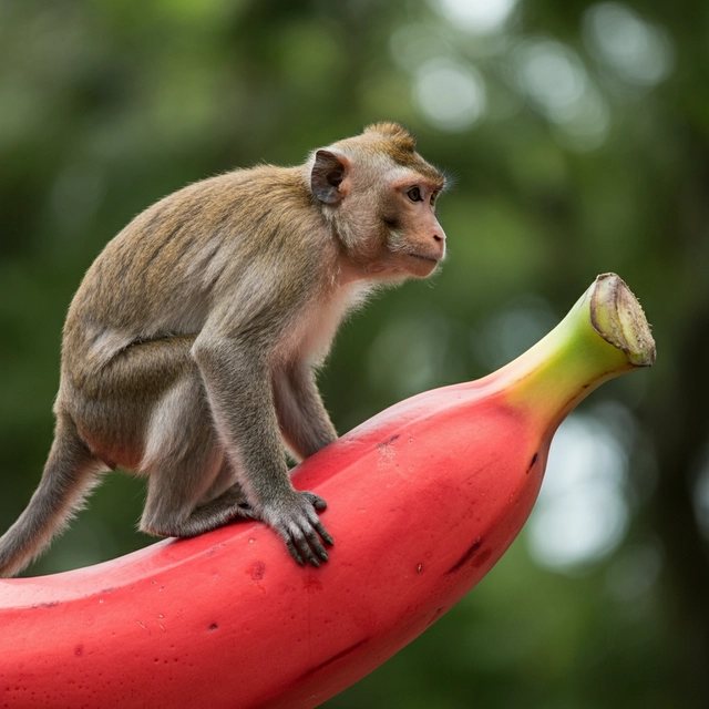 A photograph of monkey on a giant red banana
