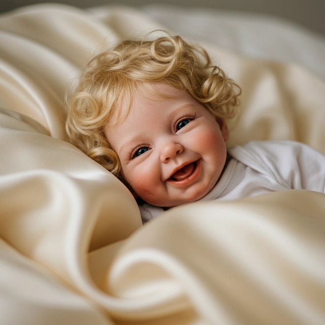 Cute babyy doll smiling on soft silk bed