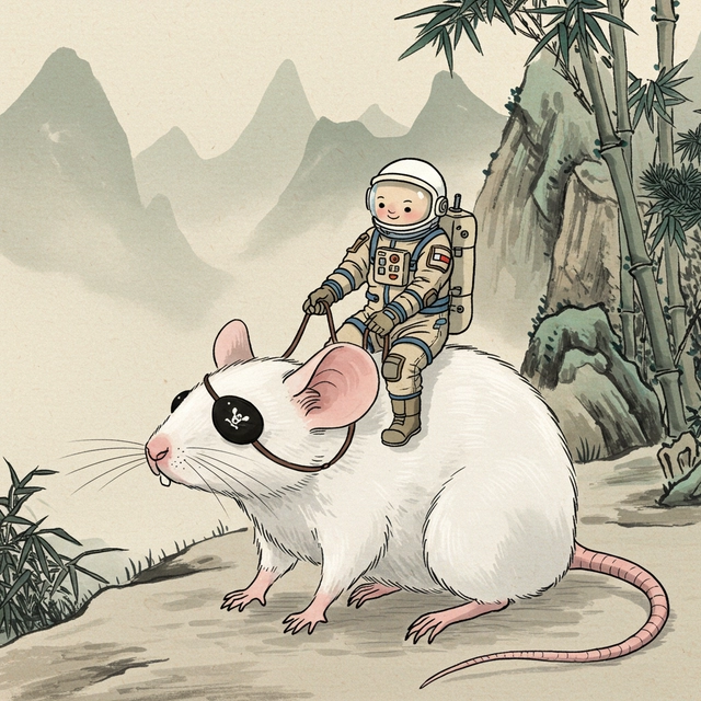 An old Chinese painting with detailed ink brush strokes on rice paper of an astronaut riding a mouse with a pirate like eye patch