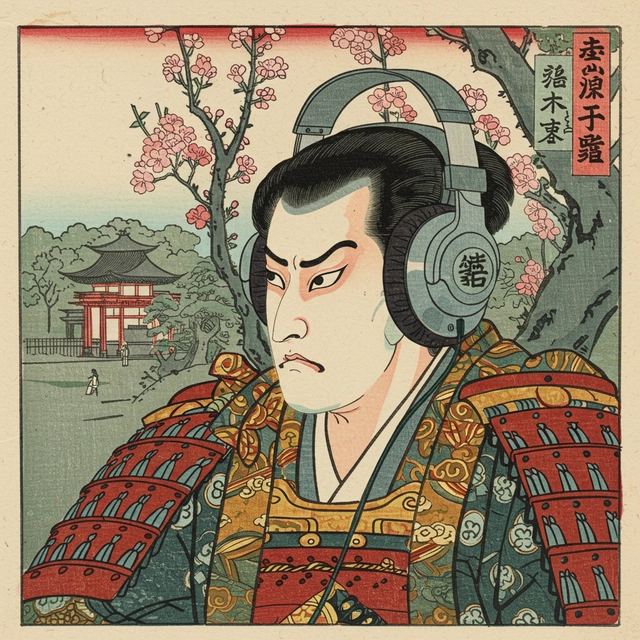 An old Japanese traditional style ukiyoe block print illusion of a young sameoraj listening to music with big head phone