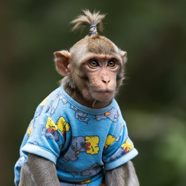 A photograph of a monkey wearing a dumbo pyjamas and has braided ponytail