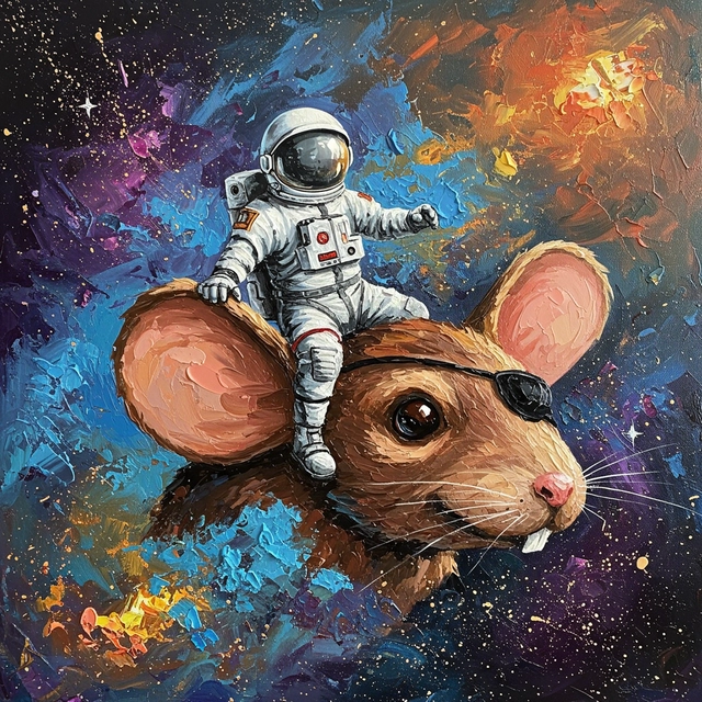 An acrylic painting with thick brush strokes of an astronaut riding a mouse with a pirate like eye patch