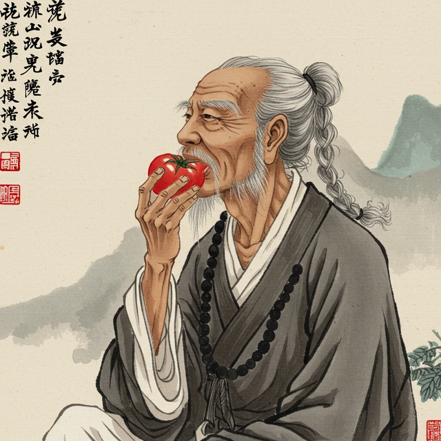 An old Chinese painting with detailed ink brush strokes on rice paper of a kung fu master eating a tomato