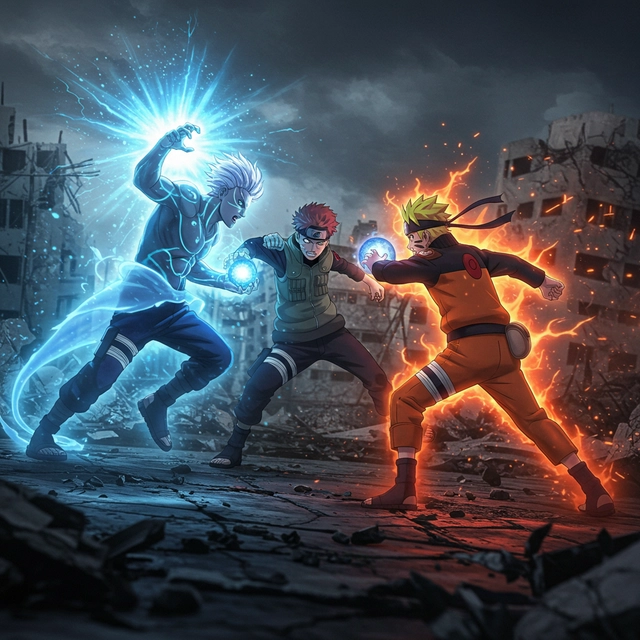 A photograph of Gojo with naruto and fight with yuji