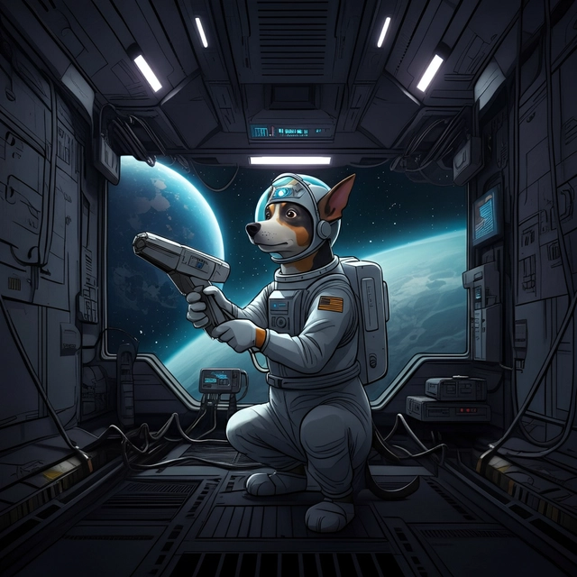 imagine Octane render, epic Modern «Travis Charest» comic strip style, illustrated Hand drawn vibrant vivid pen and ink painting of : A « Daschound wearing a technician suit » inspired by Miyuki Kuwano, 桑野みゆき, inside the space station, wide technical room, using space tools , inspired by the style of Roger Leloup