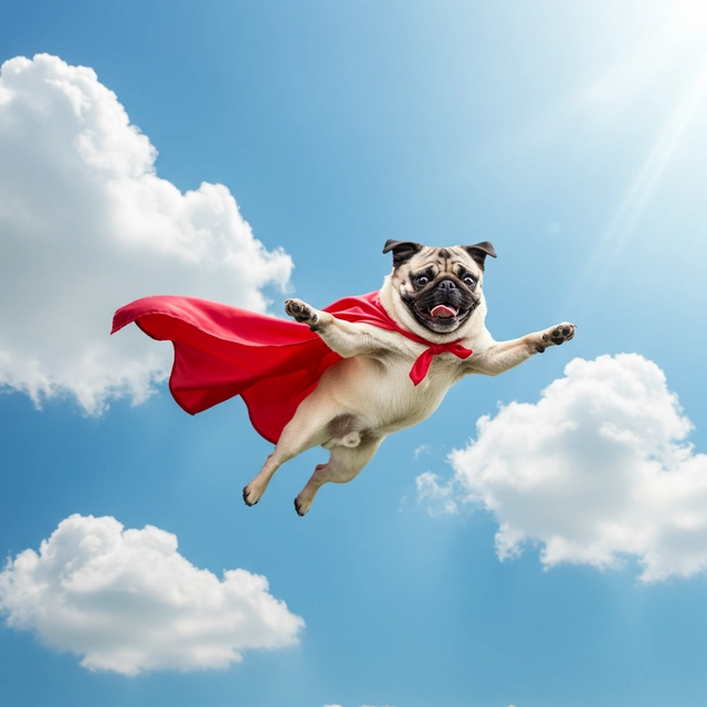 A photograph of a flying pug wearing a cape