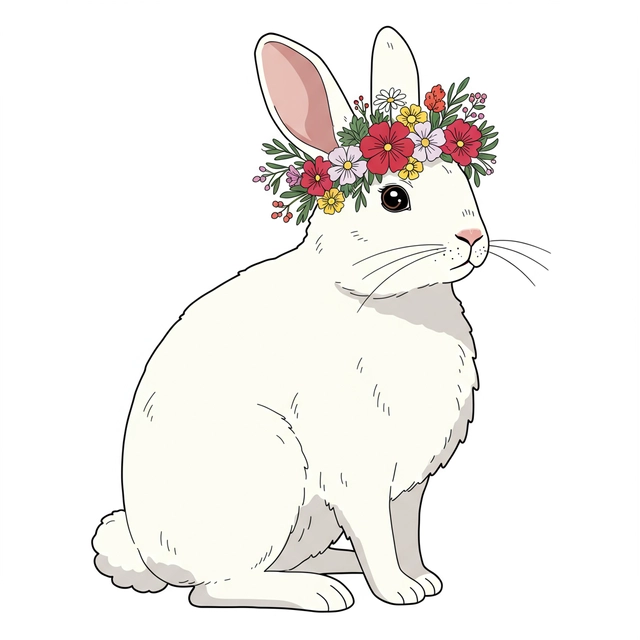 A minimal vector clip art style illustration of Beautiful rabbit with flowers