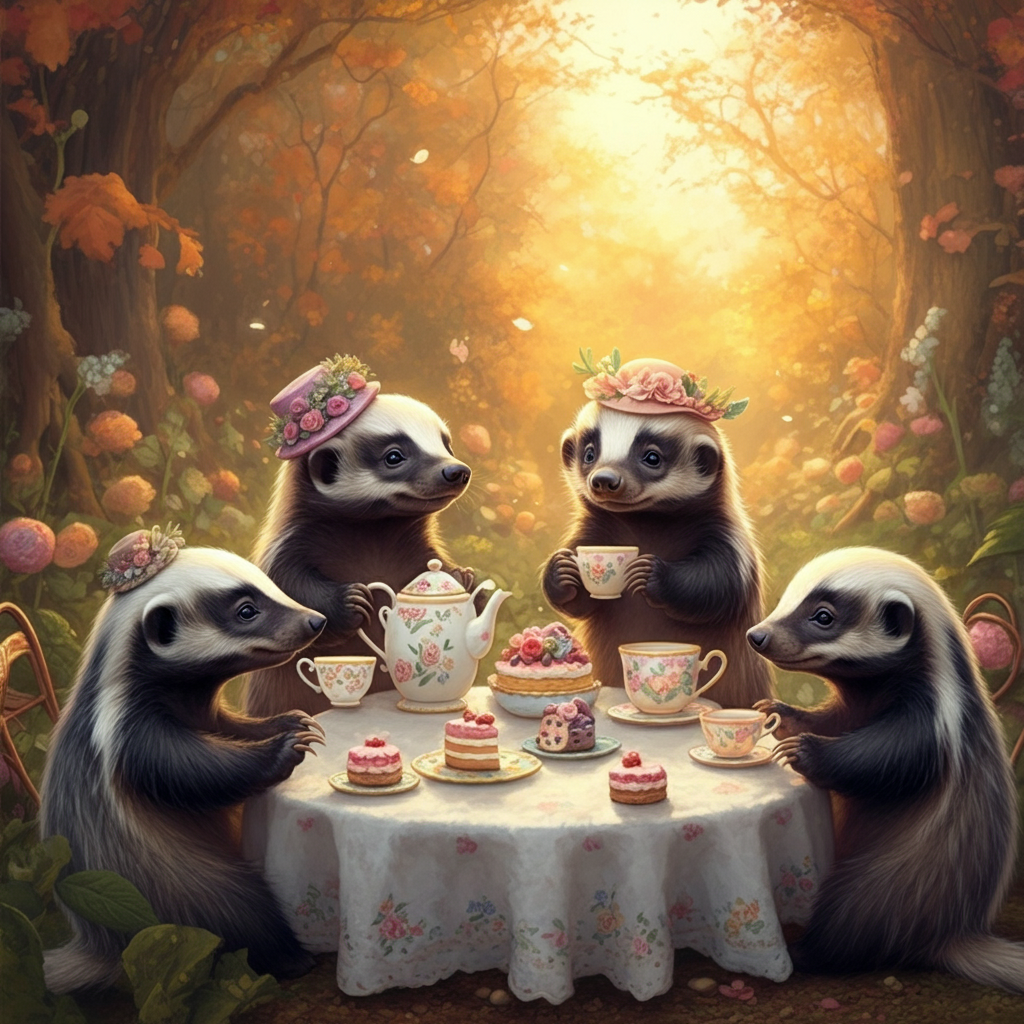 Art Print idea: A photorealistic painting of 6 super cute and fluffy honey badgers having a tea ...