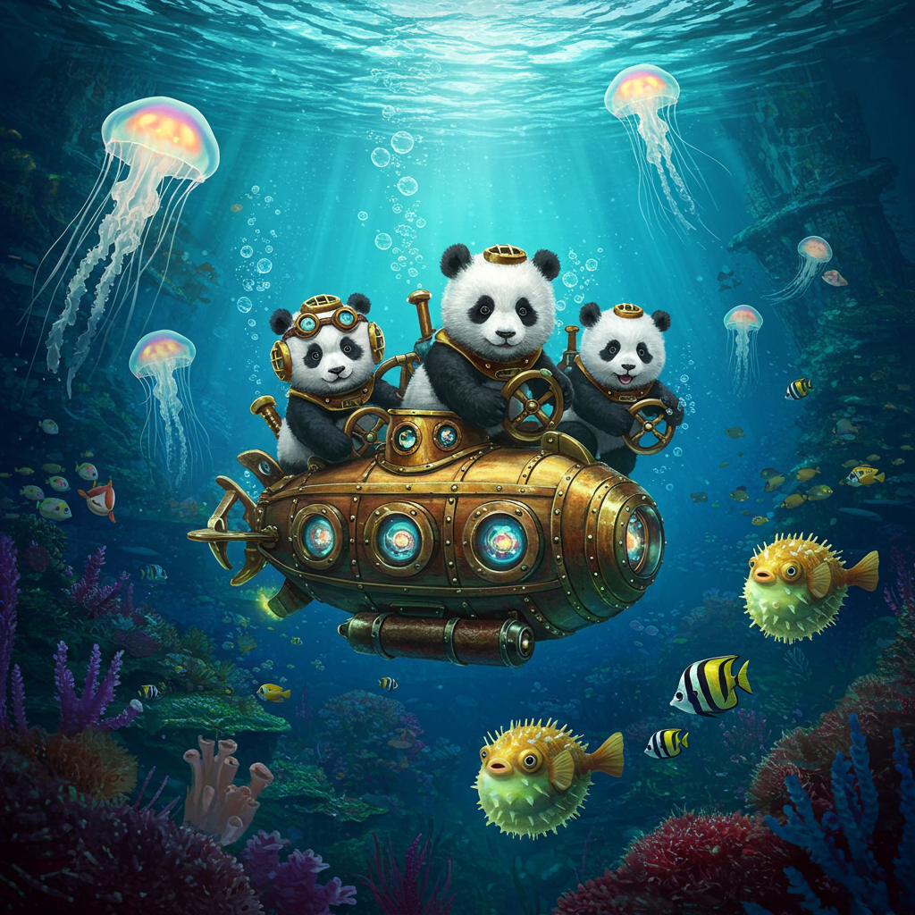 Art Print idea: A photorealistic detailed painting of 3 baby panda bears piloting a steampunk su...