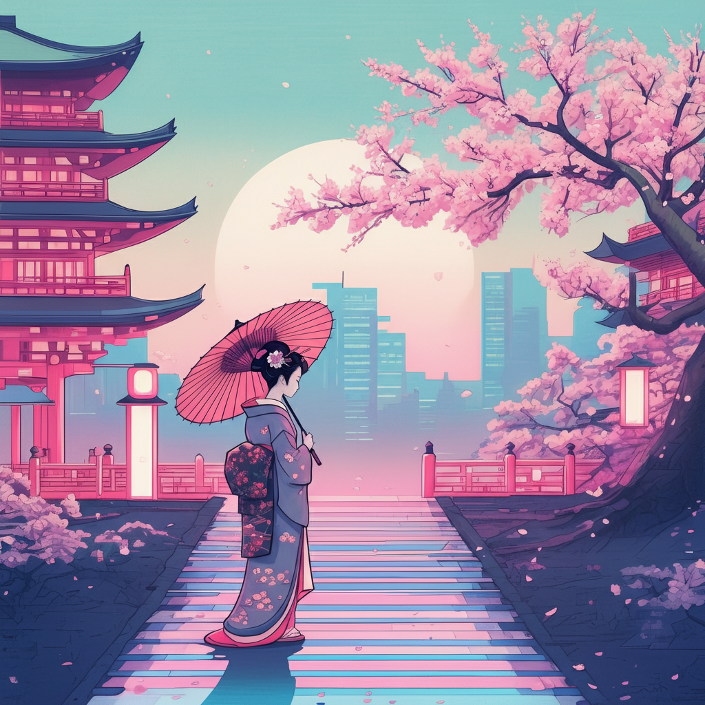 Art Print idea: Ukiyo-e style, a lone geisha with an umbrella stands amidst a blooming cherry bl...