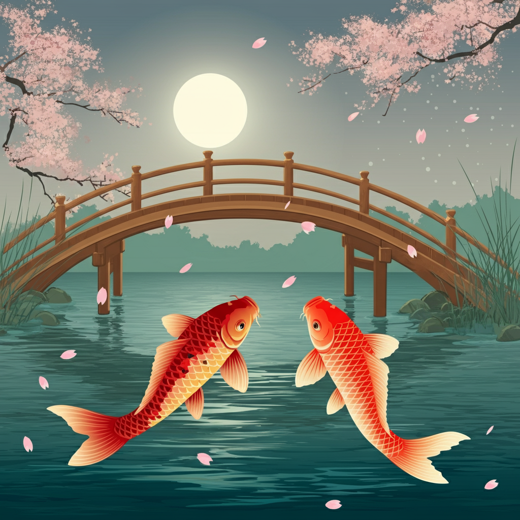 Art Print idea: Japanese art, Ukiyo-e style. Two vibrant koi fish gracefully swimming under a tr...