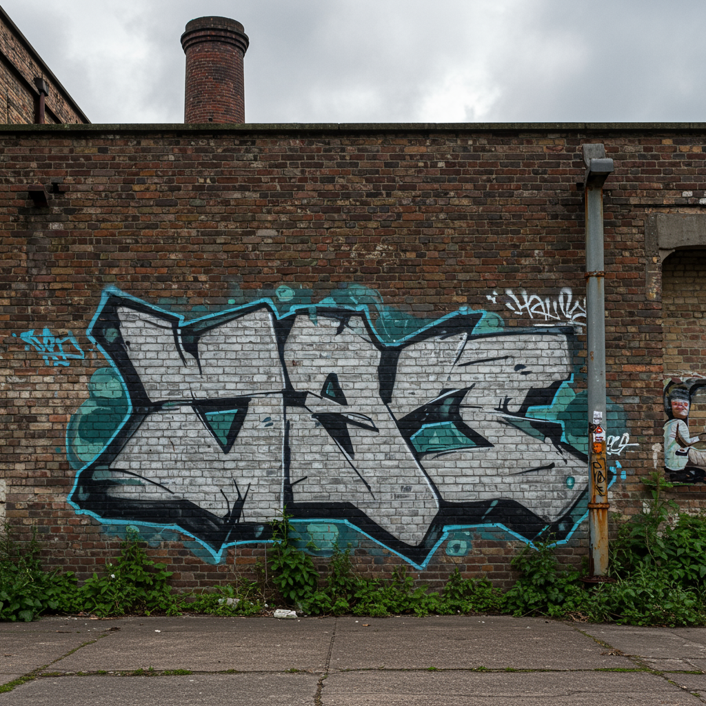 Art Print idea: A photo of an industrial brick wall with abstract geometric graffiti art. Style:...