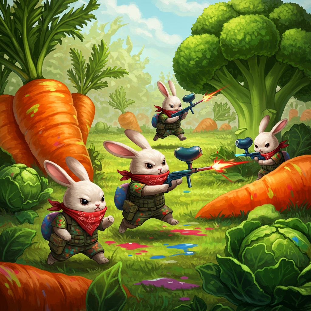 Art Print idea: A whimsical and epic art piece depicting a group of adorable yet fierce bunnies ...