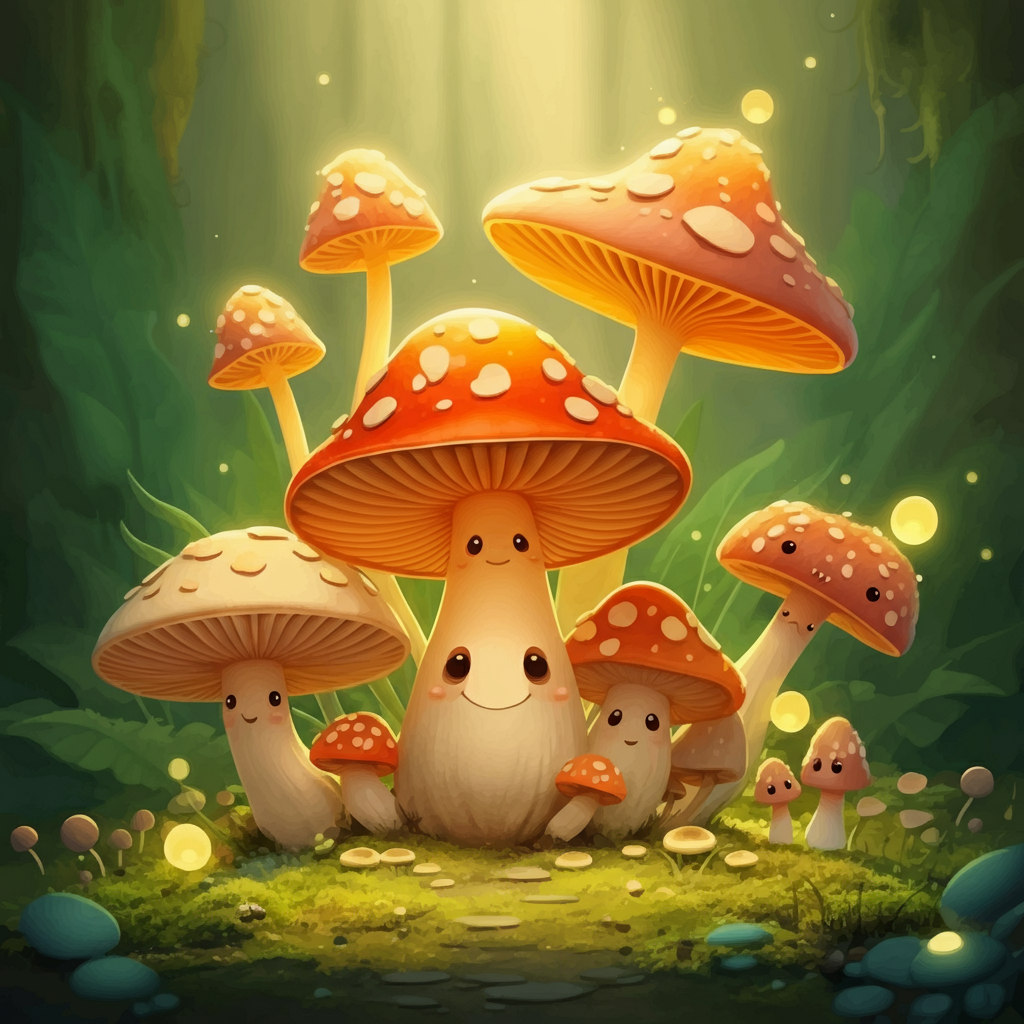 Art Print idea: A whimsical and vibrant illustration featuring various types of mushrooms: some ...