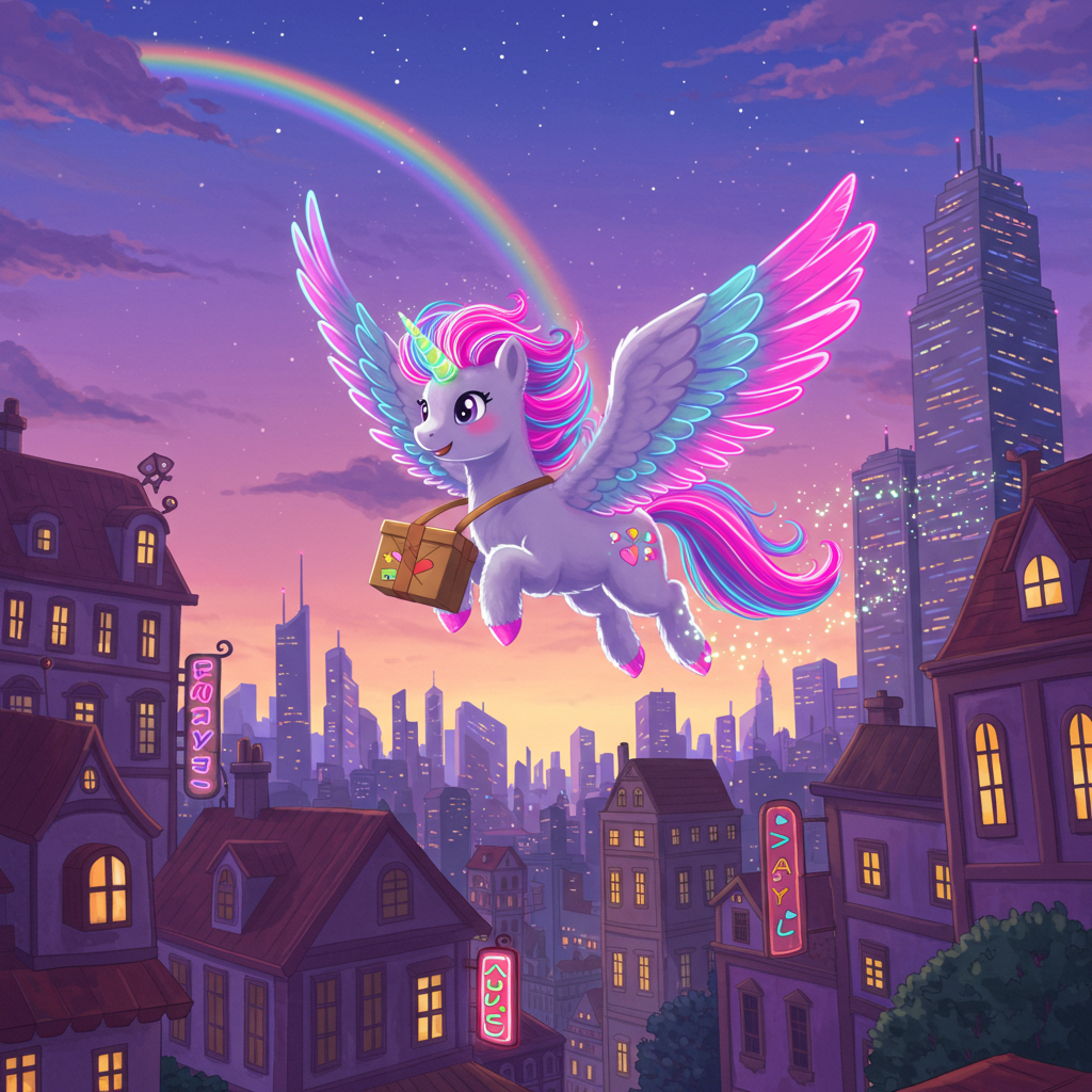 Art Print idea: A vibrant and whimsical digital painting. The scene is a bustling cityscape at t...