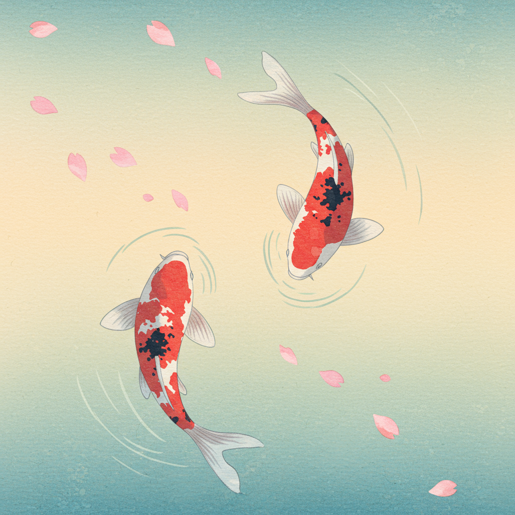 Art Print idea: Ukiyo-e style painting, two koi fish swimming upwards in a pond, surrounded by f...