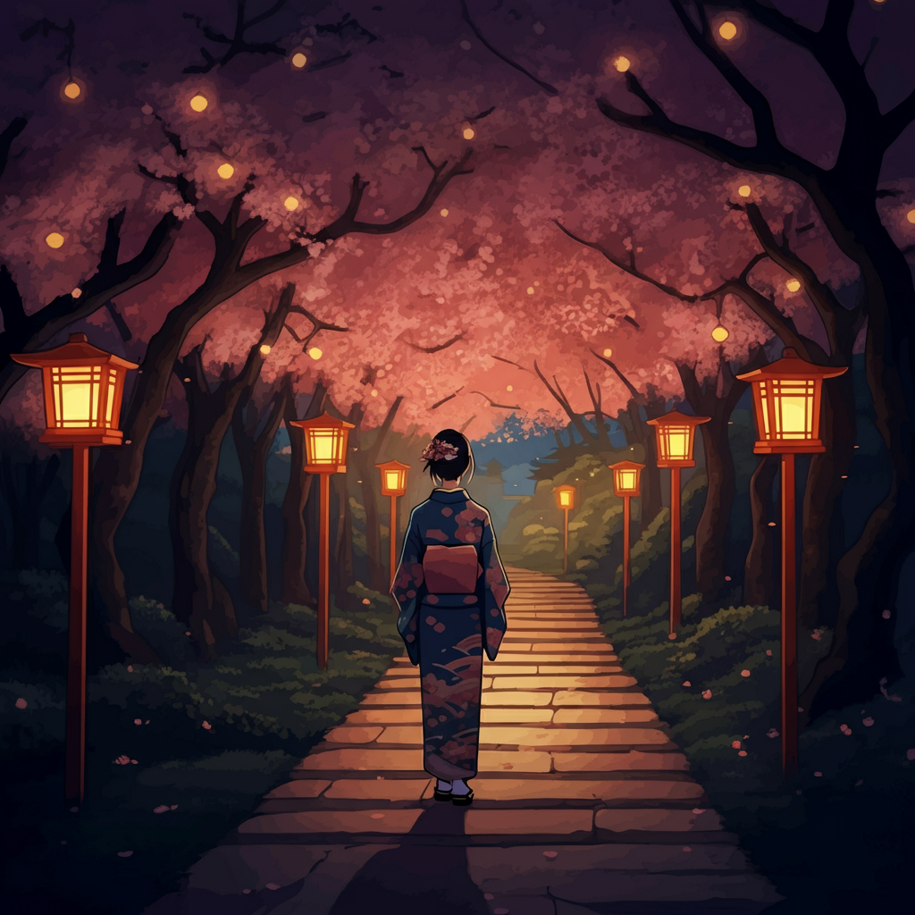 Art Print idea: A digital painting of a lone figure in a kimono walking a path illuminated by mo...