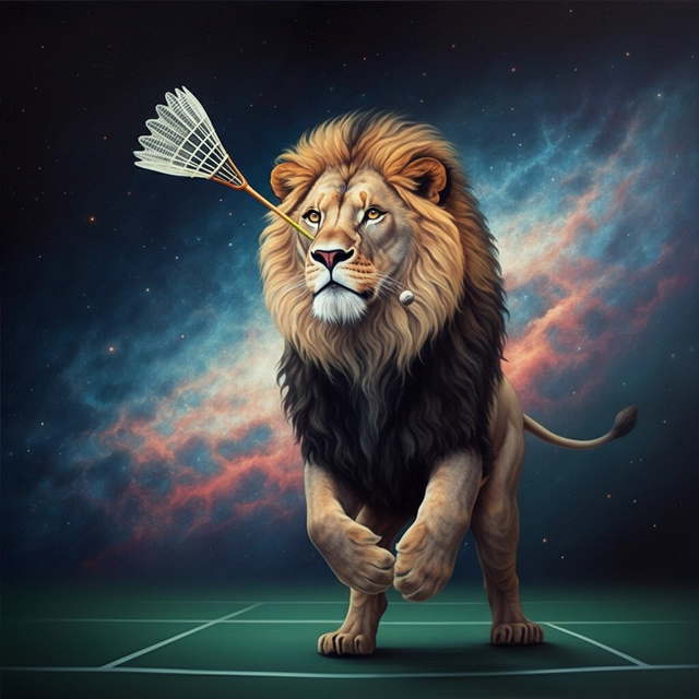 A lion playing badminton in space surreal painting