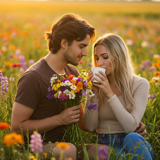 A photograph of beautiful couple with flowers and coffee