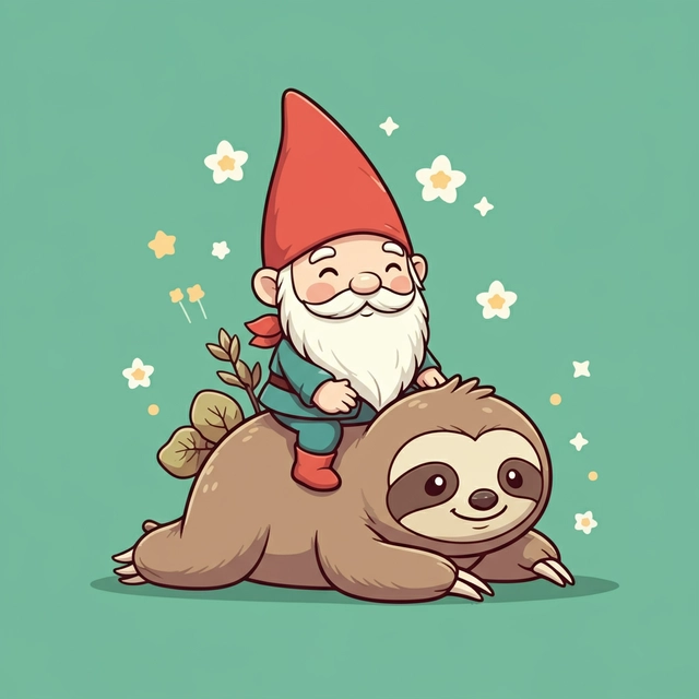 a cute sanrio character illustration of a gnome riding a sloth on a bright green background