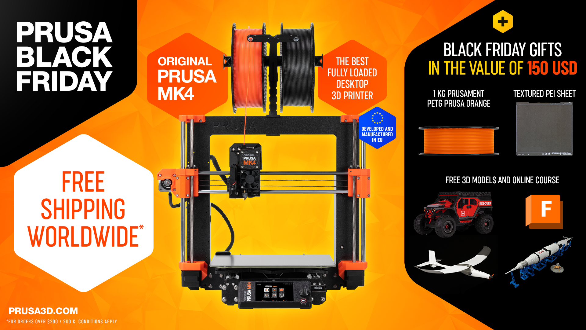 Black Friday e Cyber Monday 2023: Spedizione gratuita in tutto il mondo,  omaggi extra con MK4, MINI e SL1S, oltre a sconti sugli accessori! -  Original Prusa 3D Printers