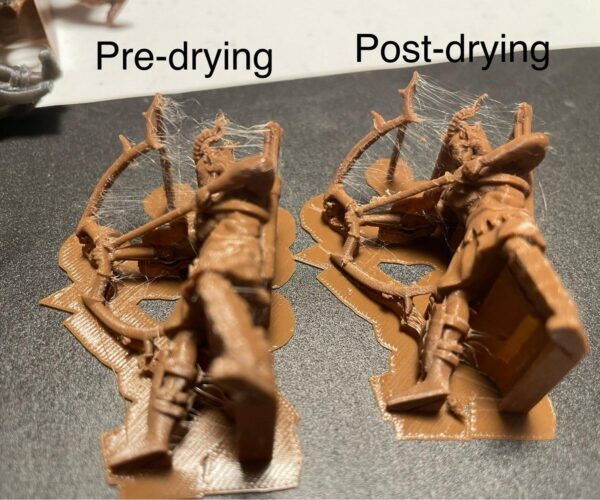 Example of stringing from print--one before drying and the other after