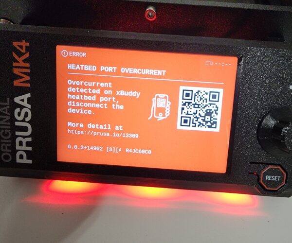 An error displayed on the Prusa Mk4 LCD screen with a bright orange background indicating a 