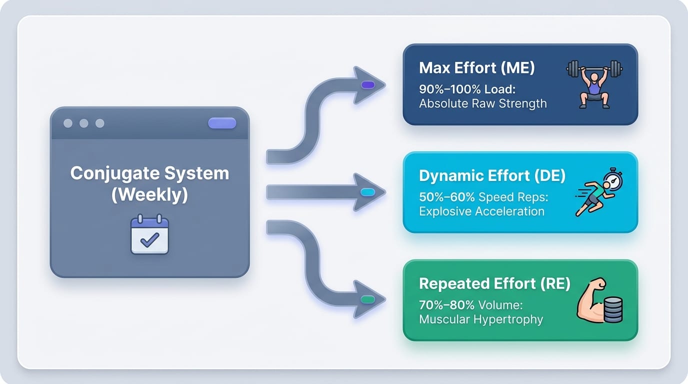 Branching diagram illustrating how the weekly Conjugate System splits into Max Effort, Dynamic Effort, and Repeated Effort training paths with their respective loads and goals.
