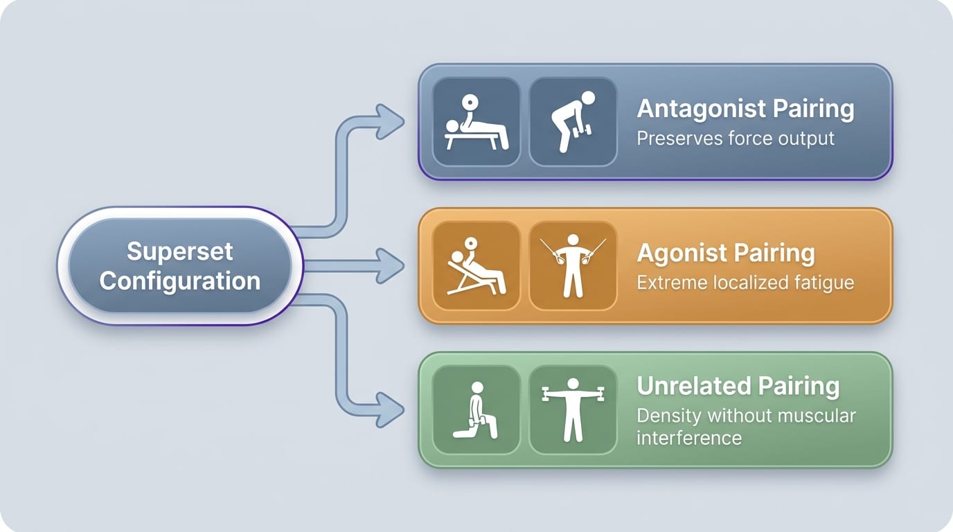 Branching diagram showing three types of supersets: antagonist pairing to preserve force output, agonist pairing for localized fatigue, and unrelated pairing for workout density without interference.