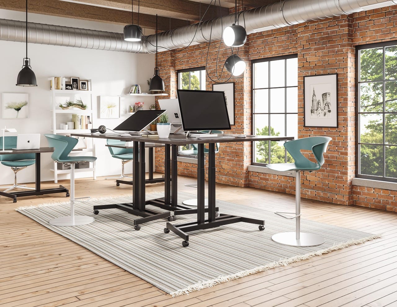 Modern ergonomic workstation setup with elevated monitor and supportive office chair