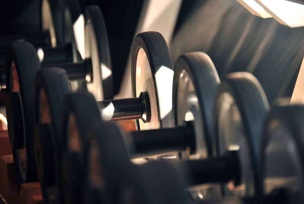 Dumbbells arranged on a rack in a modern strength training facility