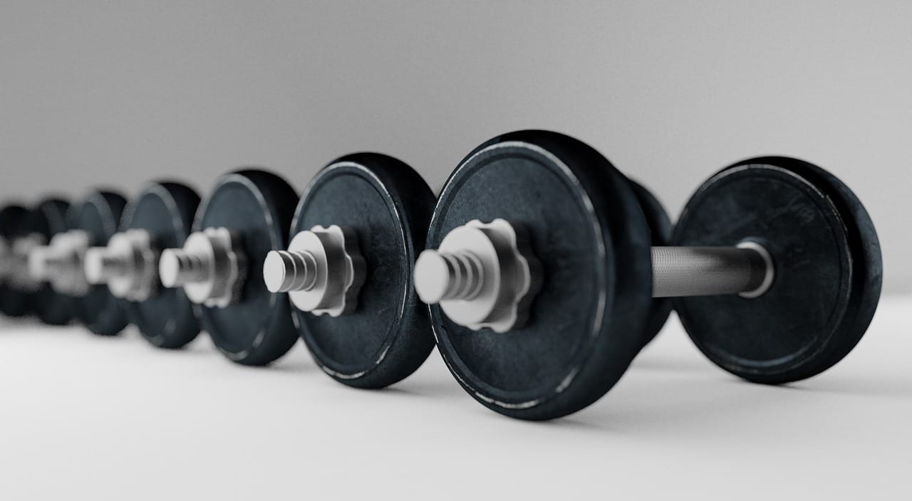 Row of heavy dumbbells on a rack in a commercial gym.