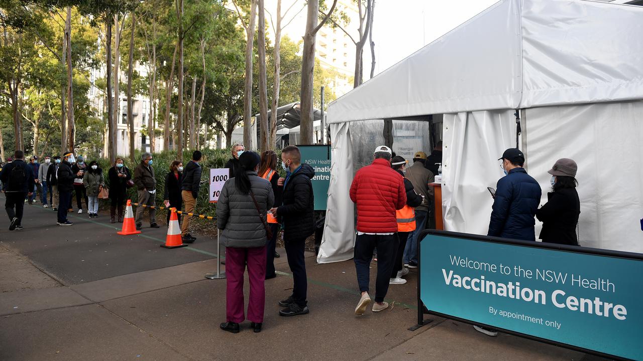 People lining up at the mass vaccination hub at Sydney's Olympic Park