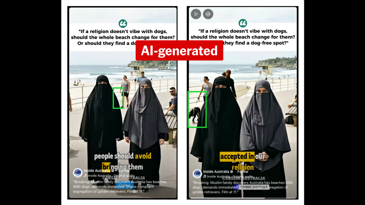 A screenshot from AI video of Muslims calling for a dog beach ban.