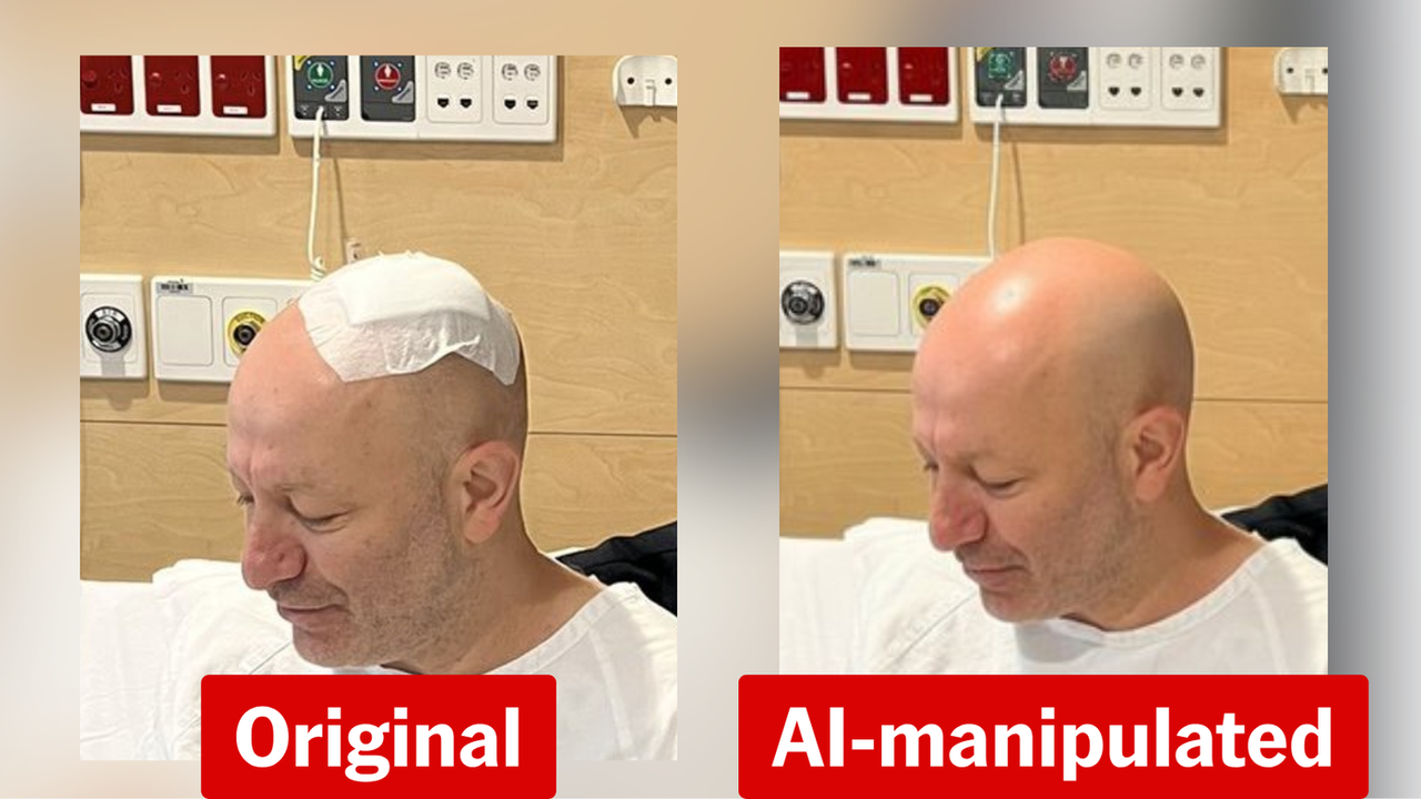 A screenshot of an AI manipulated image next to the original.