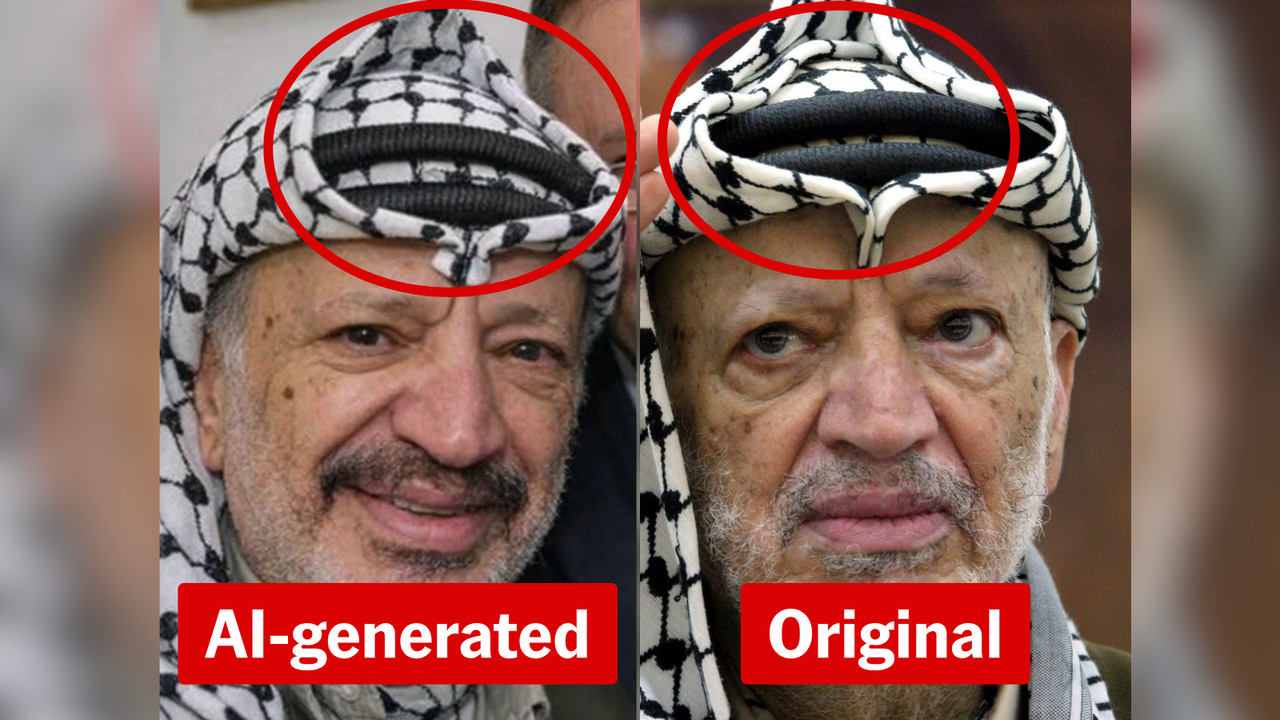 A synthetic image of Yasser Arafat beside a real, EPA photo of him.