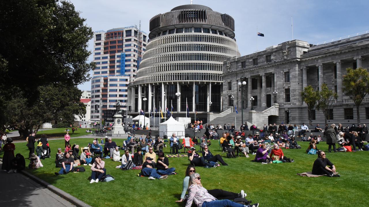 People on the lawns outside NZ's Parliament House in Wellington