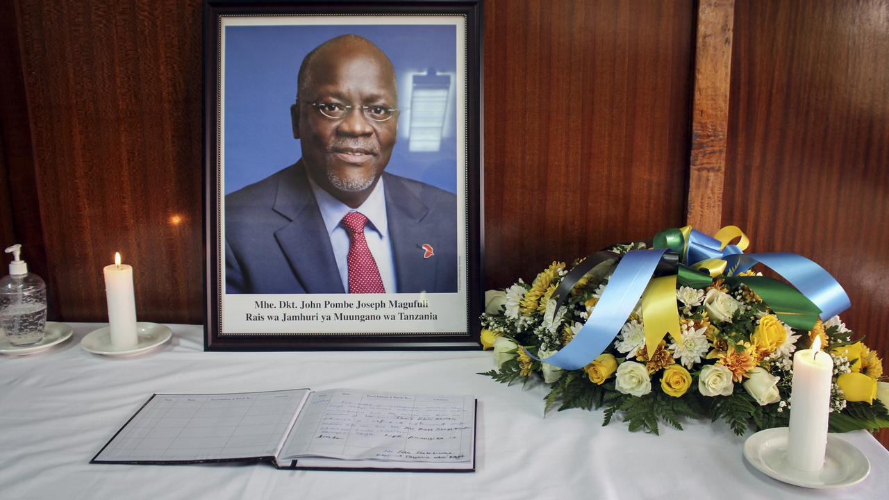 A portrait of Tanzania's former President John Magufuli.